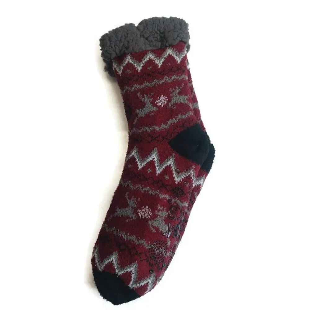 MUK LUKS Mens Cabin Socks L/XL Shoe Size 11/13 Maroon Deer Multi Warm and Cozy